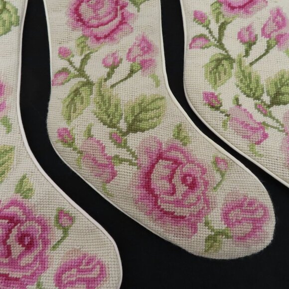 Imperial Elegance Set 4 Pink Rose Flower Floral Needlepoint Christmas Stockings - Picture 6 of 16